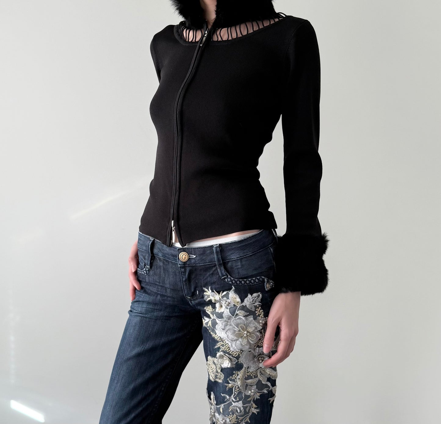 Fox fur trim ribbed cardigan