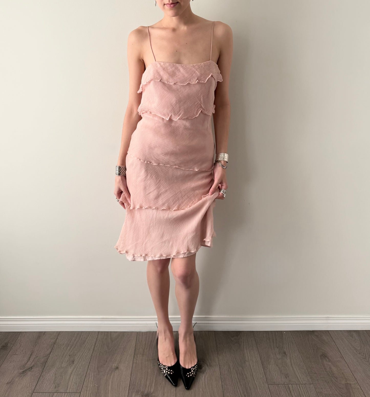 Vintage pink 100% silk tiered midi dress