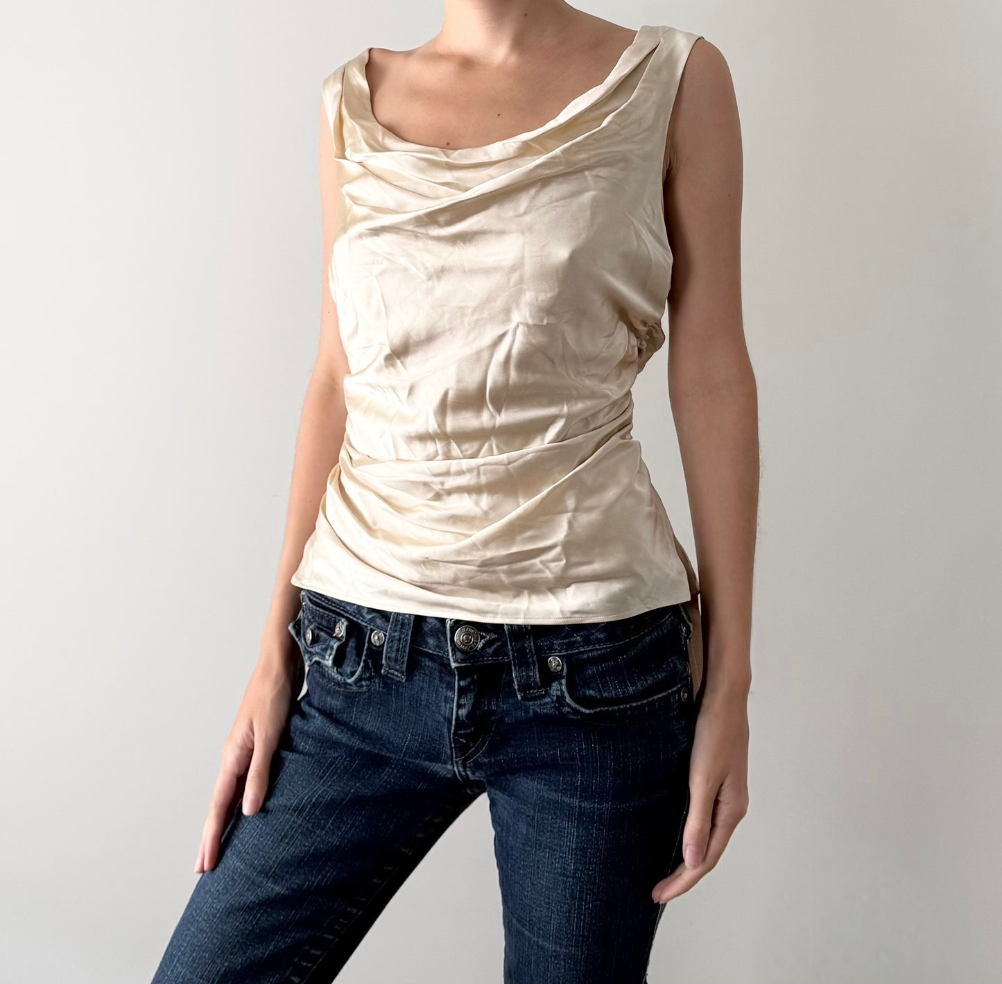 Reformation Champagne 100% Silk Cowl Neck Ruched Blouse