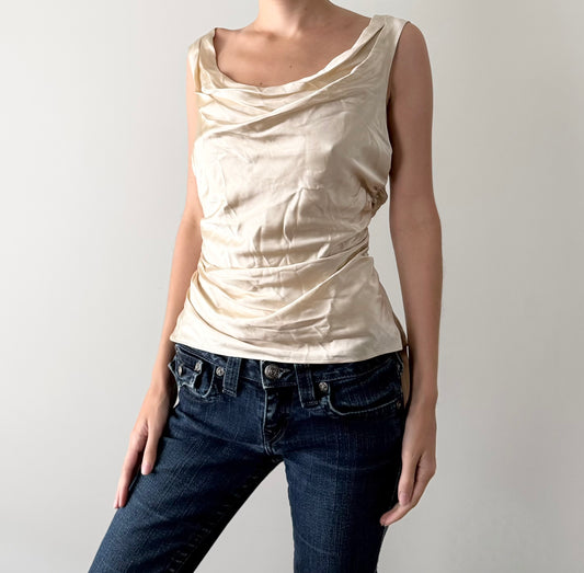 Reformation Champagne 100% Silk Cowl Neck Ruched Blouse