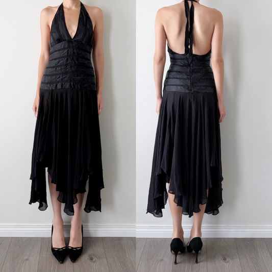 BCBGMAXAZRIA black 100% silk asymmetrical halter dress
