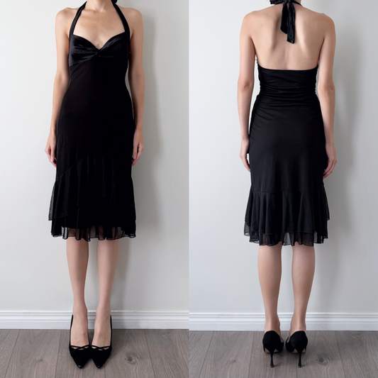 Vintage Morgan De Toi mesh ruffle halter midi dress