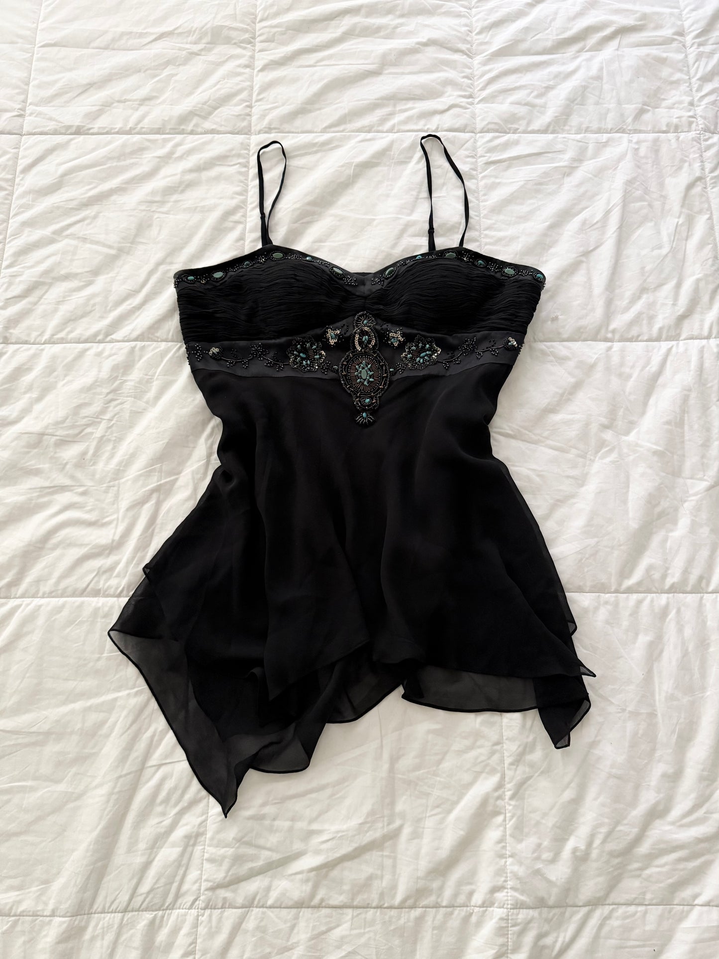 Simon Chang 100% silk beaded asymmetrical top.