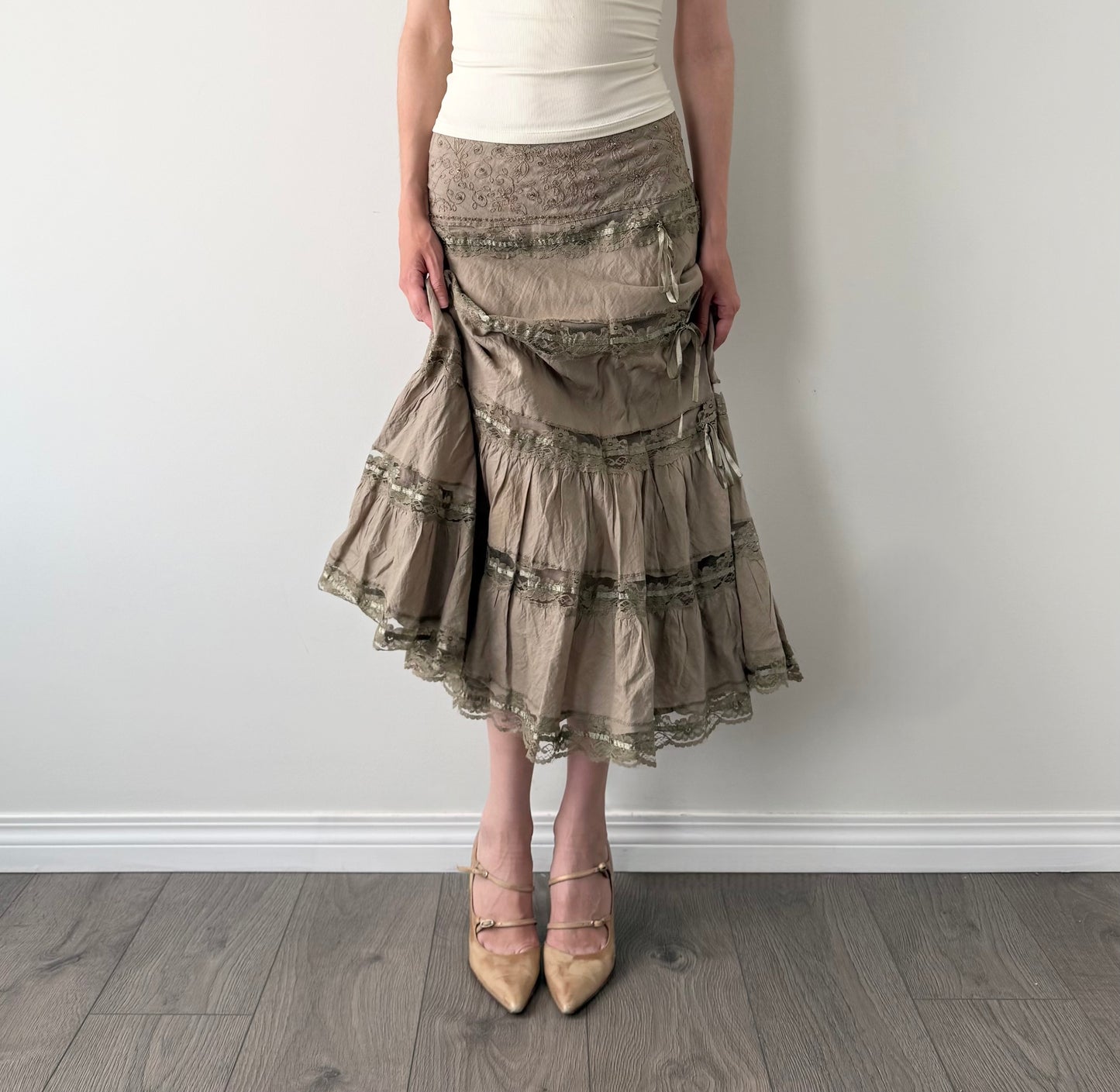 Vintage Oat sequin lace tiered maxi skirt