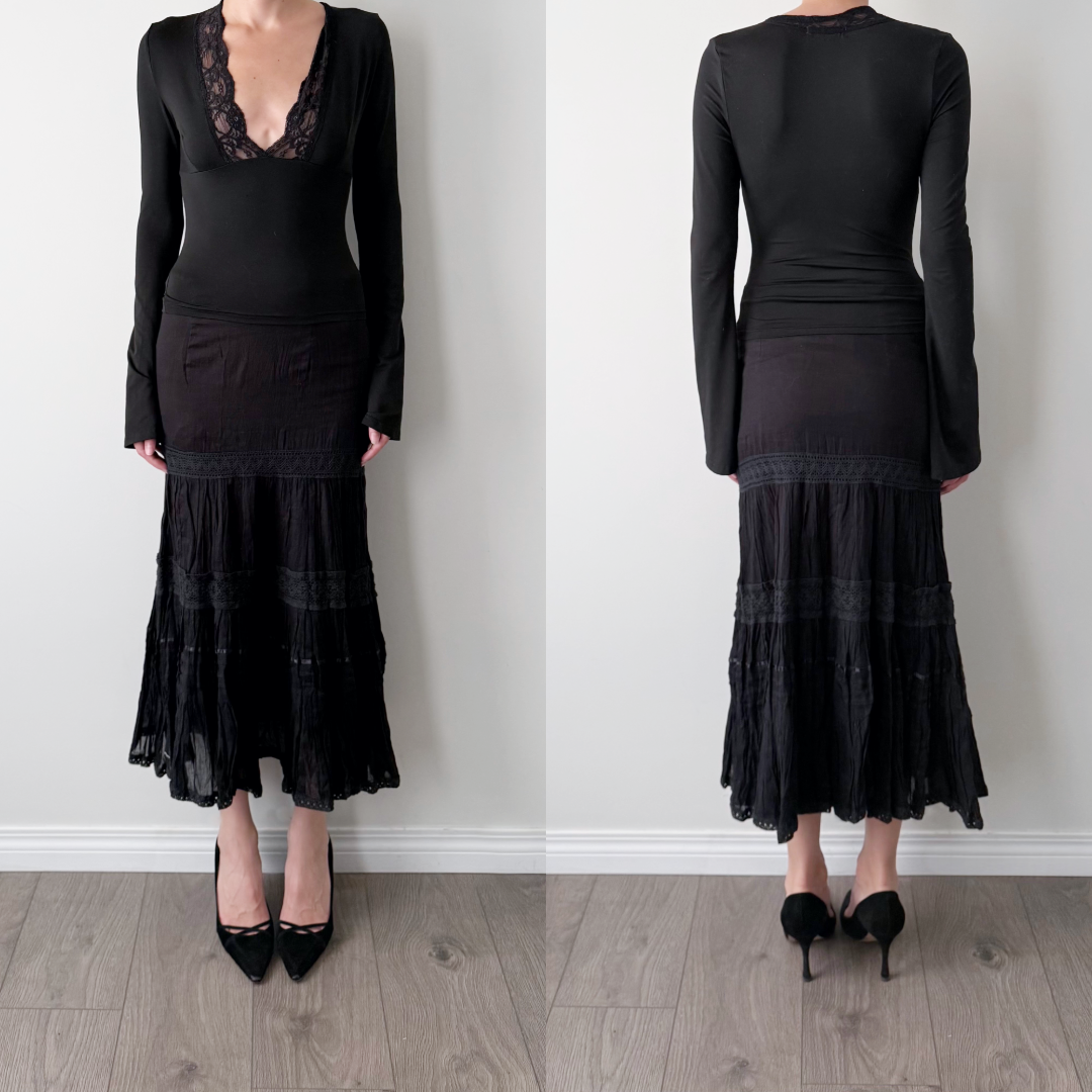Vintage gothic black tiered 100% cotton maxi skirt