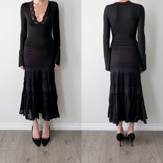 Vintage gothic black tiered 100% cotton maxi skirt