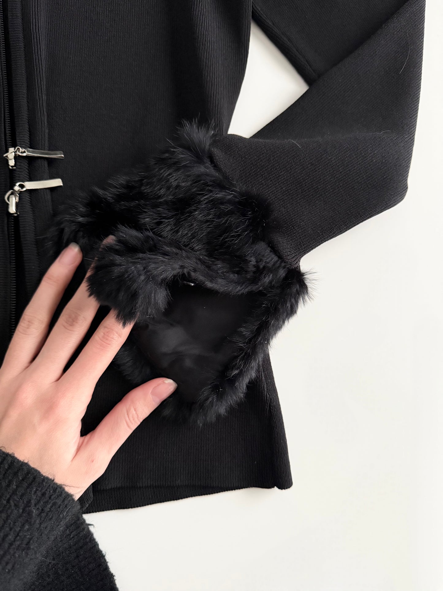 Fox fur trim ribbed cardigan