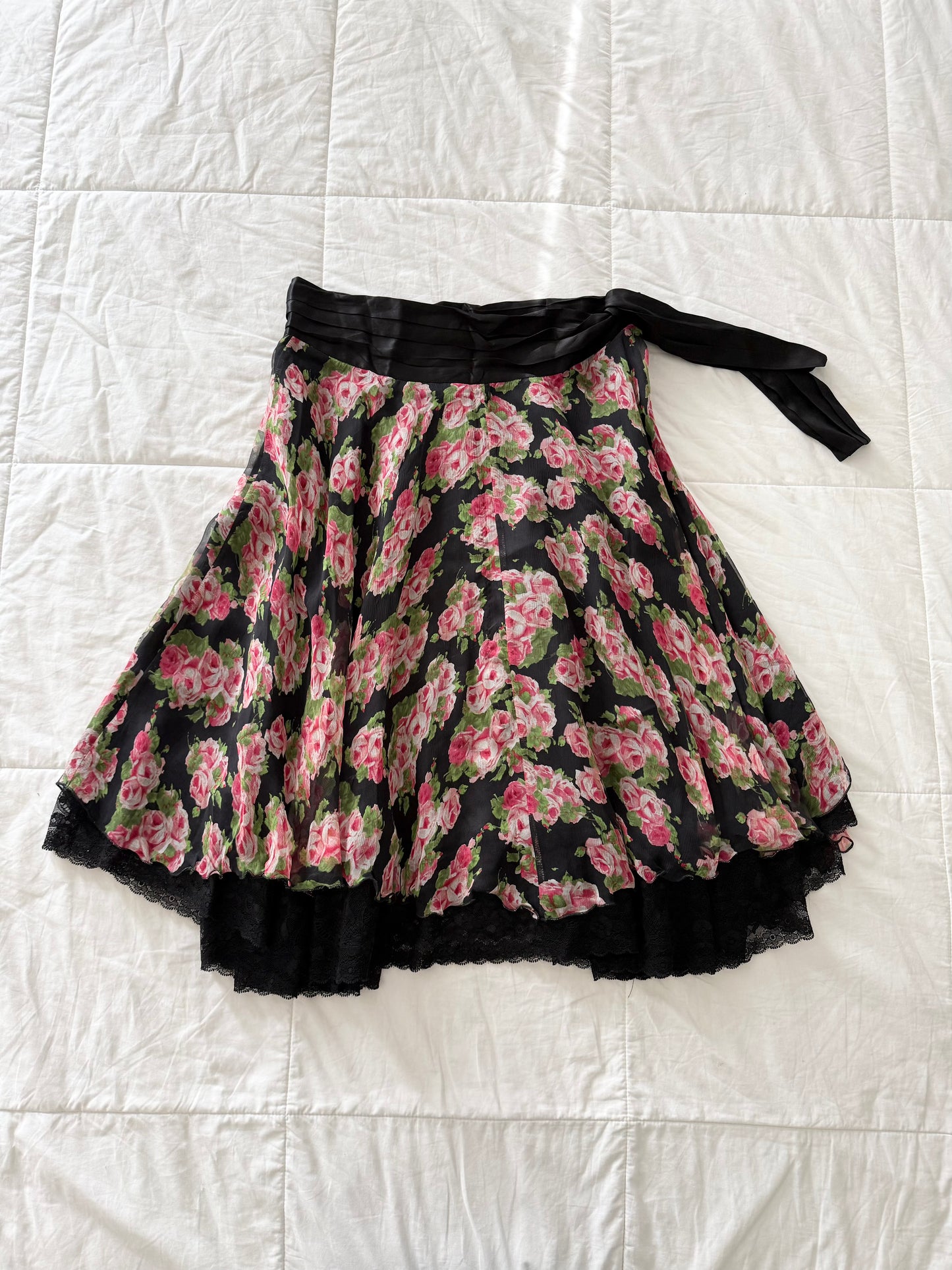 Y2K Ericot Chic 100% silk floral lace trim midi skirt