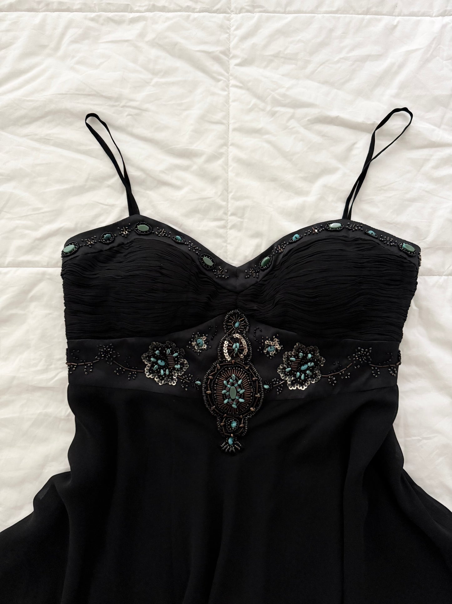 Simon Chang 100% silk beaded asymmetrical top.