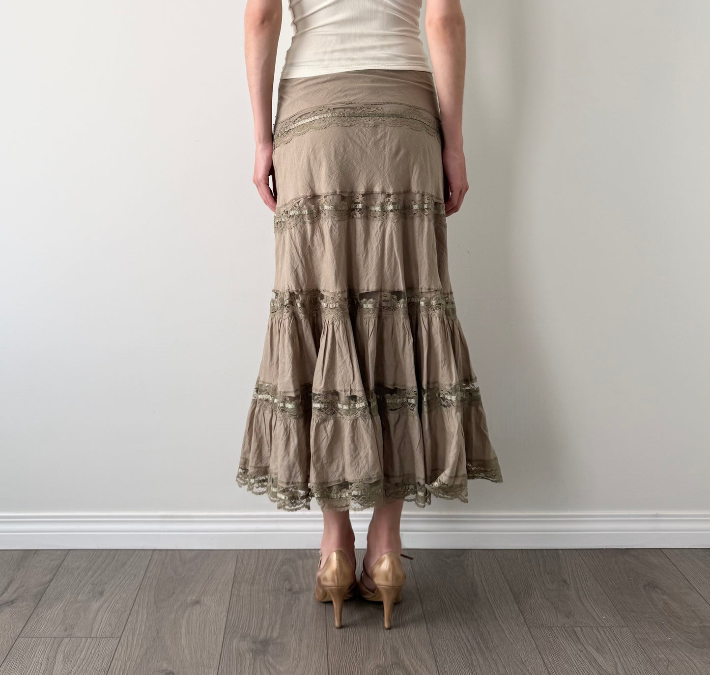 Vintage Oat sequin lace tiered maxi skirt