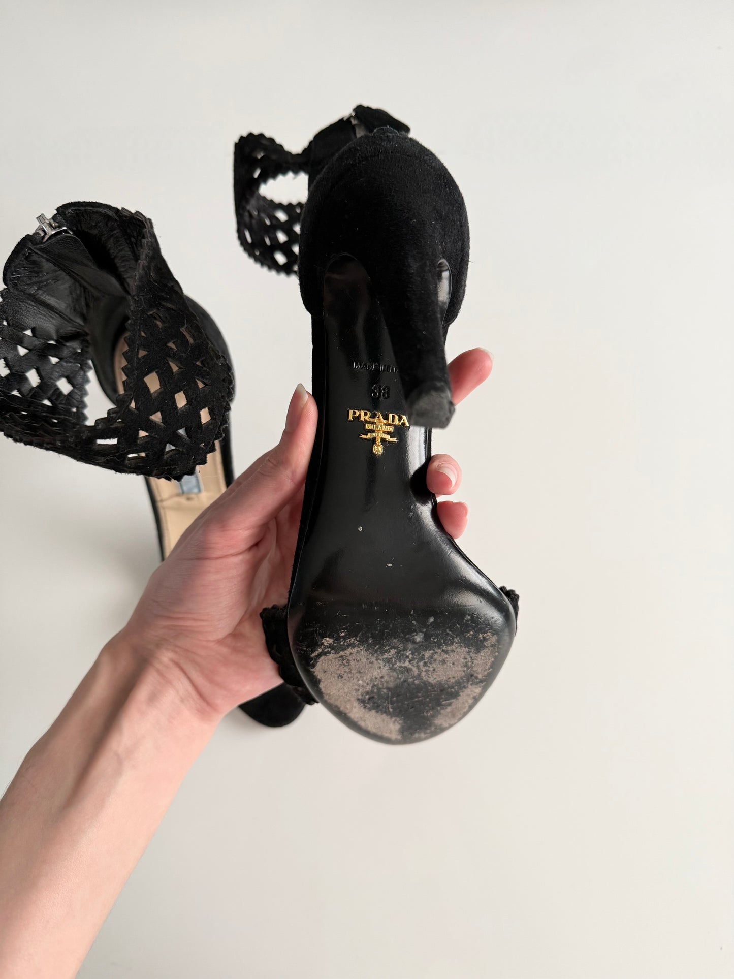 Vintage Prada black suede open toe heels