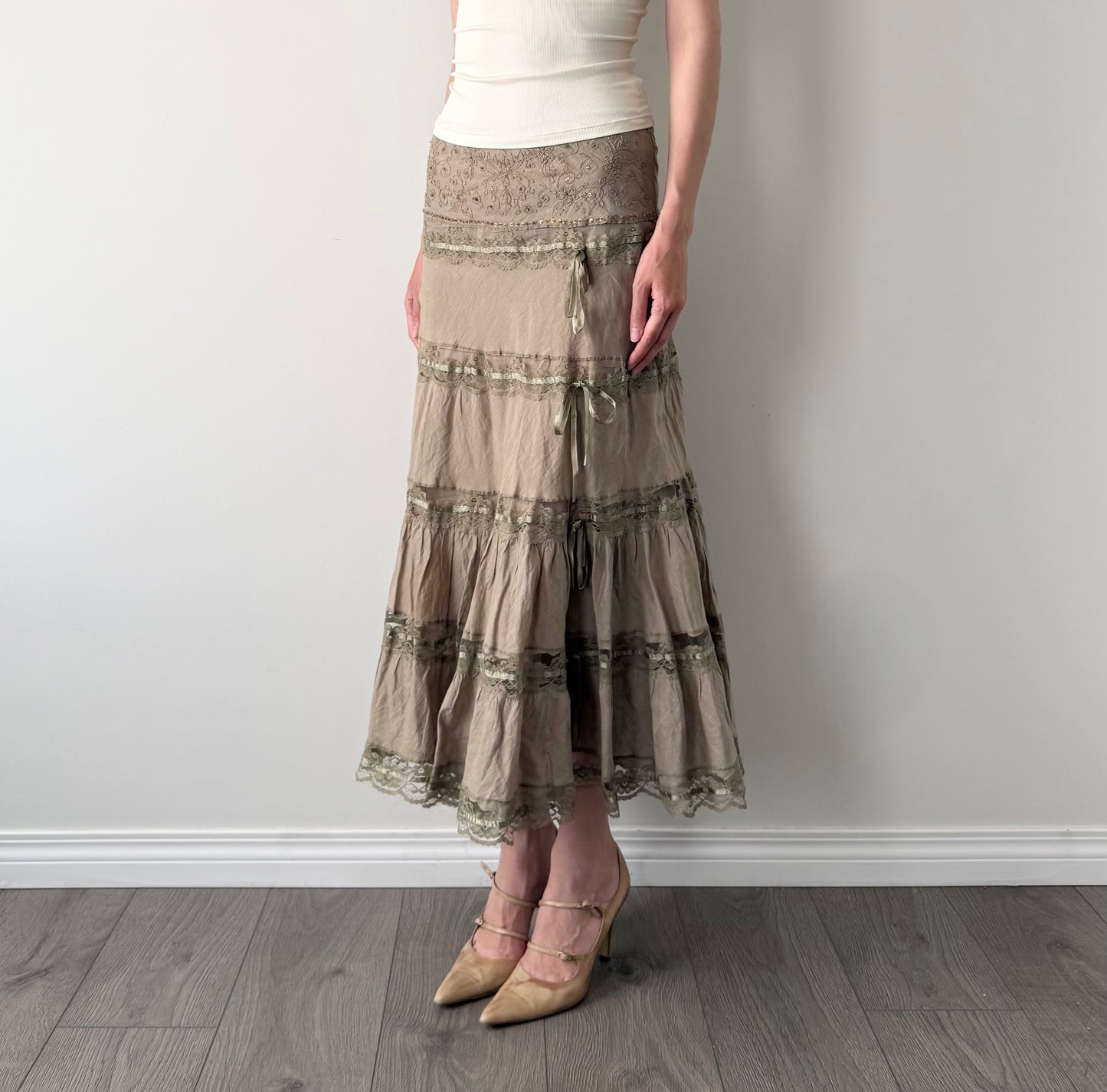 Vintage Oat sequin lace tiered maxi skirt